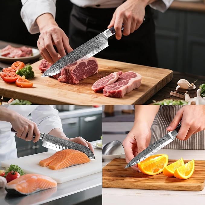 Damascus Knife Set, 3PCS Ultra Sharp Professional Japanese Kitchen Knives with Pakkawood Handles,VG10 Steel Core Chef Knife Set for Gift for Mom Dad-Gift Box