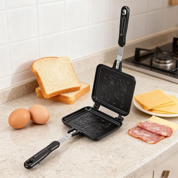 Sandwich Maker, Double Sided Rabbit Pattern Non Stick Stove Top Panini Press Pan with Handle, Stovetop Toasted Sandwich Maker Aluminum Flip Pan for Home Kitchen