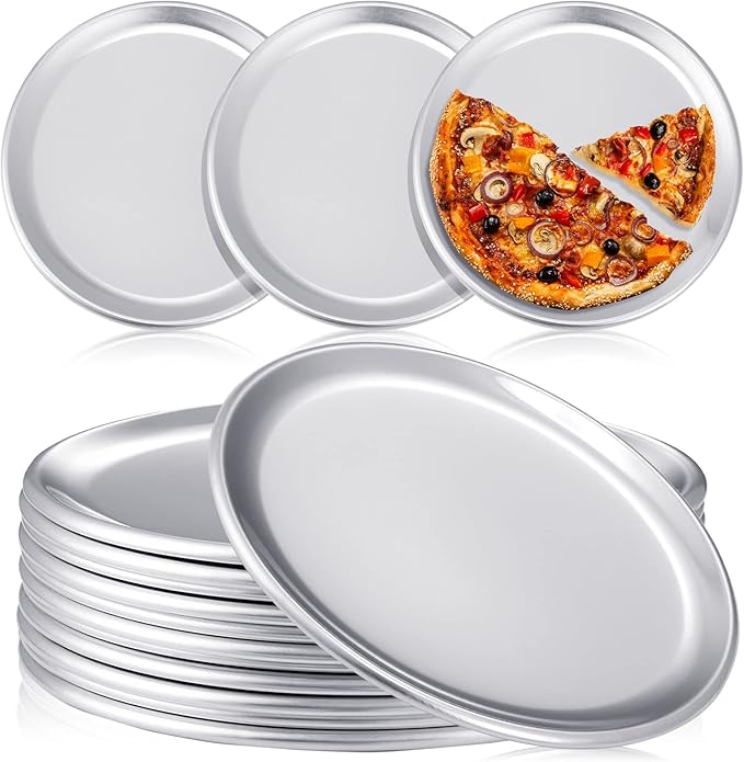 Rtteri 12 Pcs Pizza Pan Bulk Restaurant Aluminum Pizza Pan Set Round Pie Cake Plate Rust Free Cake Tray for Oven Baking Home Kitchen Restaurant Easy Clean (8 Inch)