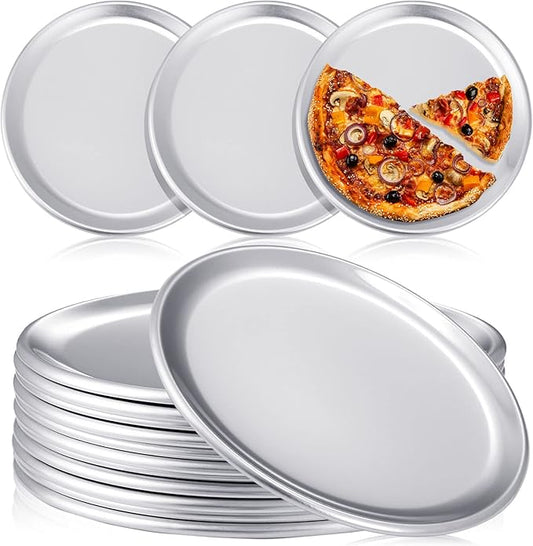 Rtteri 12 Pcs Pizza Pan Bulk Restaurant Aluminum Pizza Pan Set Round Pie Cake Plate Rust Free Cake Tray for Oven Baking Home Kitchen Restaurant Easy Clean (8 Inch)