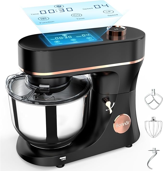 Bonnor Stand Mixer 6QT Kitchen Mixer with LED Smart Touchscreen, 11-Speed Tilt-Head Mixer with Timer, 4 Preset Menus, Stainless Steel Bowl, Dough Hook, Whisk, Beater,Black