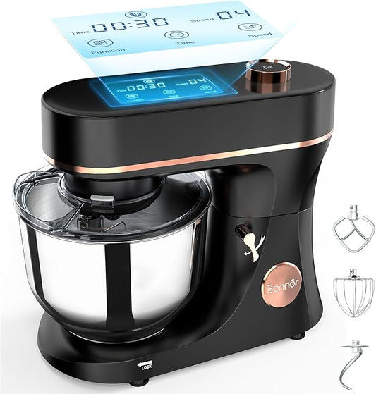 Bonnor Stand Mixer 6QT Kitchen Mixer with LED Smart Touchscreen, 11-Speed Tilt-Head Mixer with Timer, 4 Preset Menus, Stainless Steel Bowl, Dough Hook, Whisk, Beater,Black