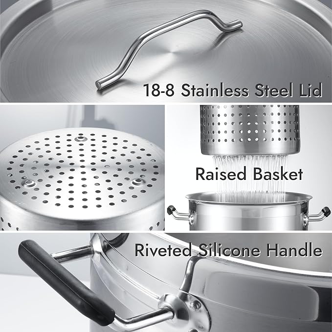 NSF 20 Quart Large Stock Pot with Lid and Basket, 18/8 Stainless Steel, 3-Ply Clad Base, Commercial Cookware for Soup, Stew & Sauce, Dishwasher Safe, 11.8"D x 12.8"W x 11.8"H, Induction Ready