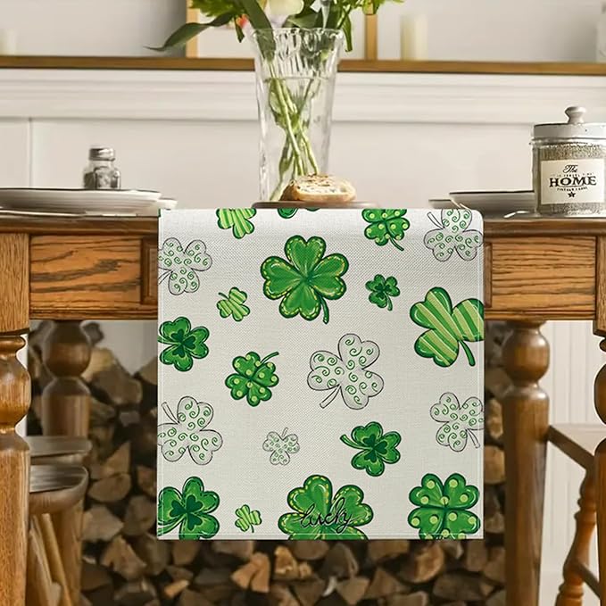 St. Patrick's Day Table Runner Decorations,Green Lucky Shamrock Linen Spring Table Runner Seasonal Holiday Kitchen Dining Table Decoration for Indoor Outdoor Home Party Decor 13 x 72 Inch