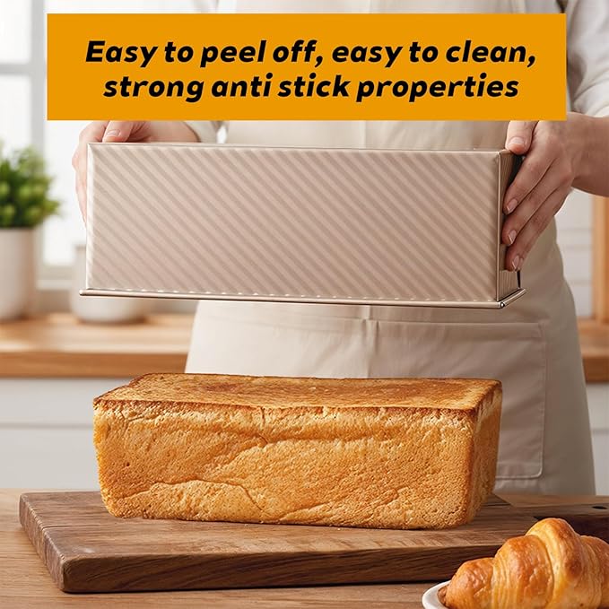 2Pcs Pullman Loaf Pan with Lid, 2 lb/1 lb Dough Capacity, Premium Sandwich Bread Loaf Pan with Lid, Carbon Steel Corrugated Bread Toast Box with Cover for Baking