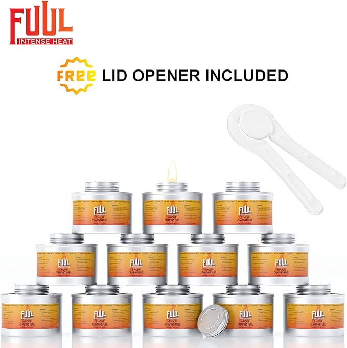 6 Hour Chafing Fuel | 12-Pack Cans for Chafing Dishes | Premium Food Warming Wick Set with Lid Opener | Burner Cans With Steady, Controlled Flame