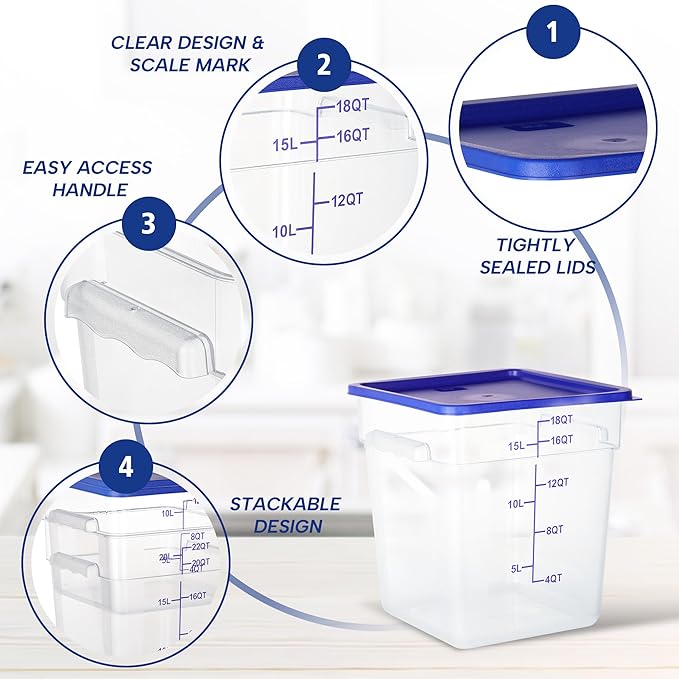 STEELUS 4 Pack Food Storage Containers, 18 Quart with Lids, Square Commercial Containers with Scale, Clear NSF Food Organizing, Polycarbonate