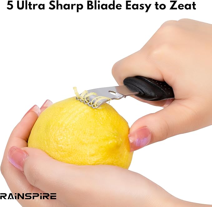 Rainspire Lemon Zester Tool with Channel Knife, Stainless Steel Citrus Zester Tool, Lemon Peeler, Zesters for Kitchen, Ultra Sharp 2-in-1 Tool Easily Creates Citrus Zest (Black)