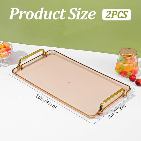 2PCS Serving Tray with Golden Handles, Reusable Plastic Decorative Trays for Party Kitchen Bathroom Dessert Table Cupcake Display, Modern Style Amber Drink Coffee Tea Tray for Countertop