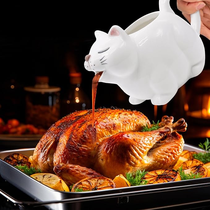 Ceramic Gravy Boat,700ML/23Oz Cat Sauce Jug with Hand Painted White Fine Porcelain - Perfect for Serving Jars of Salad Dressing, Broth, Cream, Milk for Thanksgiving, Halloween, Christmas