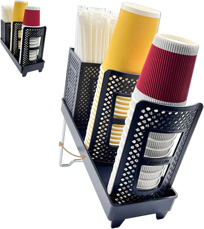 Coffee Cup Holder, Paper Cup and Lid Holder Dispenser with Straw Organizer,3-Slot Upright Disposable Plastic Coffee Cup Dispenser for Stations, Kitchens, Bars, Restaurants, Lounges (Black)