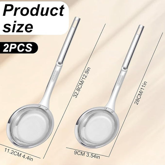 Fine Mesh Stainless Steel Colander Strainer, Skimmer Spoon Strainers with Handle, Fine Mesh Sieve for Cooking Oil, Grease Foam, Food Vegetable Hot Pot (2 Pack, Large+small)