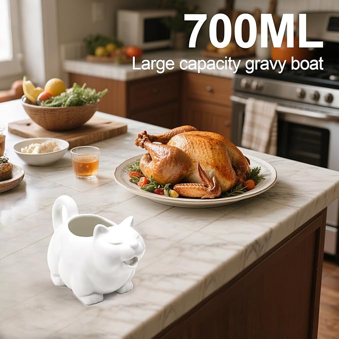 Ceramic Gravy Boat,700ML/23Oz Cat Sauce Jug with Hand Painted White Fine Porcelain - Perfect for Serving Jars of Salad Dressing, Broth, Cream, Milk for Thanksgiving, Halloween, Christmas