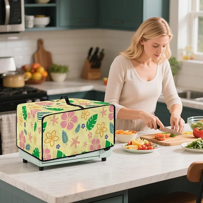 Doojoayie Flower & Leaf Small Appliance Covers Cute Cat Toaster Oven Cover 4 Slice Kitchen Appliance Dust Protector 18.5"x14.5"x 9" Compatible with Toaster/Bread Machine