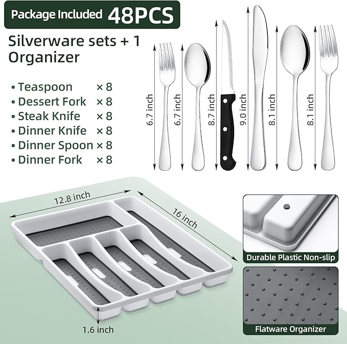 49-Piece Silverware Set with Organizer, CEKEE Stainless Steel Flatware Cutlery Set Service for 8, Mirror Polished Kitchen Utensils Set with Steak Knives Included Spoons and Forks Set & Tray