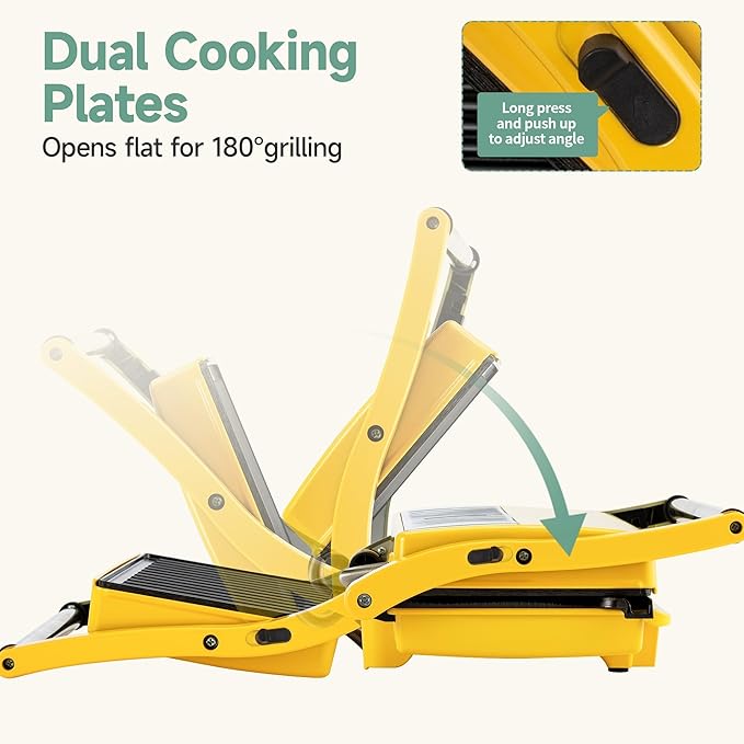 SUSTEAS Panini Press Sandwich Maker and Electric Indoor Grill, Easy Clean Nonstick Grids, Opens 180°/105° to Fit Any Type or Size of Food, 304 Stainless Steel, Homemade BBQ, Yellow