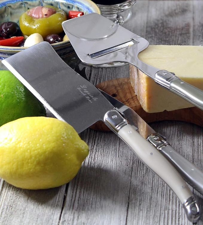 French Home 5-Piece Laguiole Cheese Knives Set with Fork and Slicer – Versatile Charcuterie Board Accessories with Three-Rivet Mist-Colored Handles & Iconic Bee Emblem