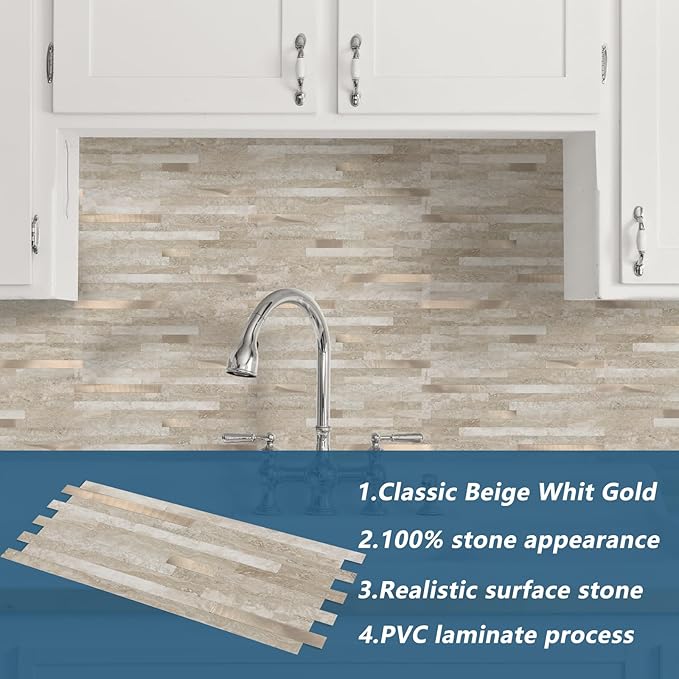 Yipscazo 10 Sheets PVC Wall Tiles Stick on Tiles for Backsplash Kitchen, Bathroom, Laundry Room, Camper, Fireplace (6'' X 12'', Rock)