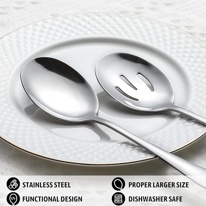 Hiware 8-Piece Serving Set - Includes 4 Spoons and 4 Slotted Spoons, 18/8 Stainless Steel Buffet Utensils - Mirror Polished, Dishwasher Safe, 8.6-Inch