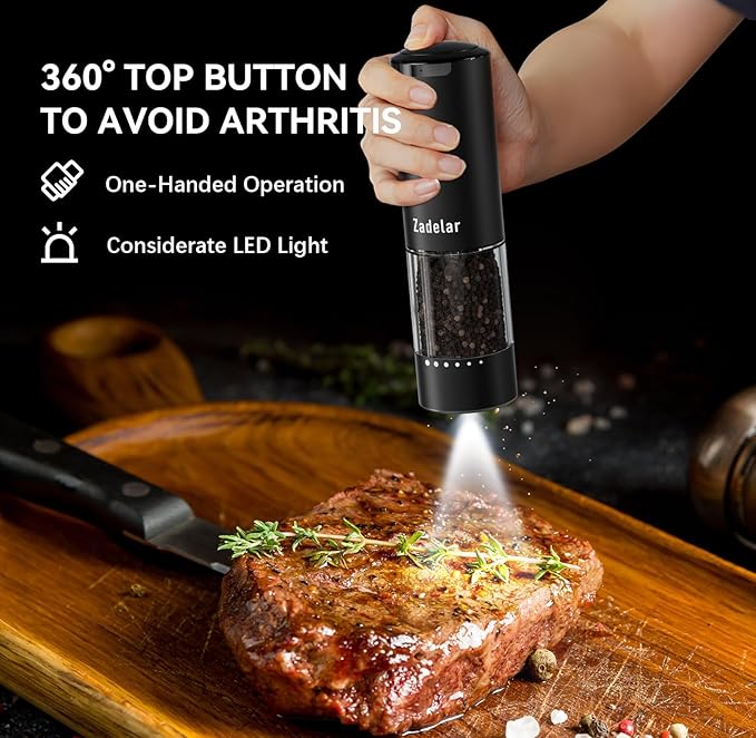 Electric Rechargeable Salt and Pepper Grinder Set,Automatic Pepper Mill Grinder with USB C Charging Dock,Upgraded 95ml Large Capacity,Adjustable Coarseness,LED Light,High-end Black