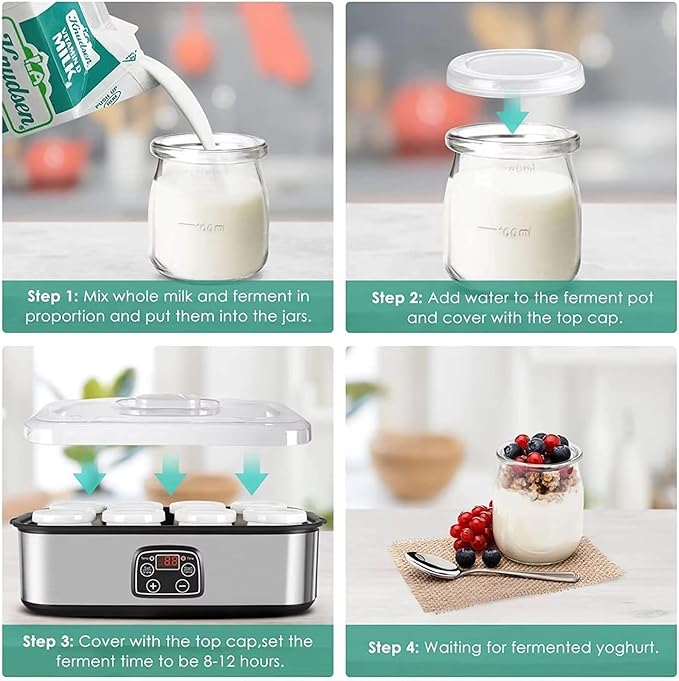 Probiotic Yogurt Maker with Adjustable Time & Temp Control - Make Trillions of Live Probiotics with Two 1-Quart Containers for Larger Batches - Greek Yogurt Maker (2 Glass Jars)
