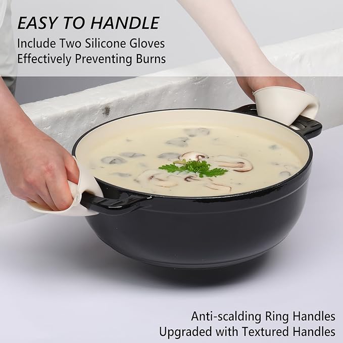 VINGLI 7.5QT Enameled Cast Iron Round Dutch Oven Pot with Lid, NonStick Casserole Pot with Dual Handles & Silicone GlovesRed, Oven Safe up to 500°F or on Stovetop, Dutch Oven for Bread Baking, Black