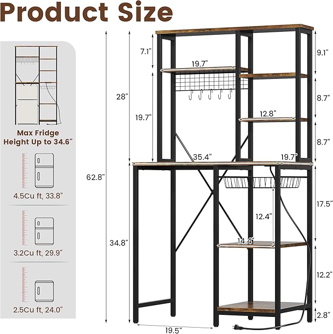7-Tier Mini Fridge Stand with Storage, Microwave Storage Shelf with Power Outlet, Bakers Rack Stand, All in one Shelf for Dorm Kitchen Coffee Bar, Vintage Brown