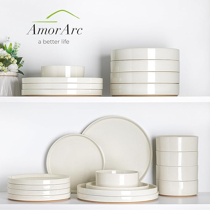 AmorArc Ceramic Dinnerware Set for 4 | Speckled Stoneware Plates and Bowls with unglazed terracotta | Scratch Resistant, Dishwasher & Microwave Safe Modern Dishes Sets- 12-Pcs