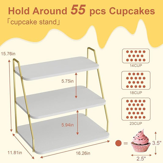 Cupcake Stand, 3-Tier Dessert Stand for 55 Cupcakes, Wood & Metal Tower Display Premium Holder Dessert Tree Tower for Christmas Birthday Weddings Party Decor, Serving Tray (White & Gold)