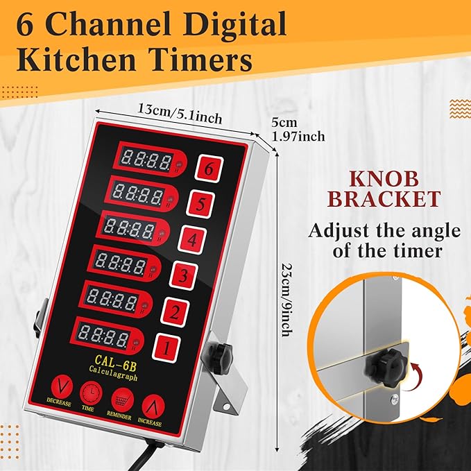 1 Pack Commercial 6 Channel Digital Kitchen Timer, Multi-Countdown Timer with Loud Alarm & Large LCD Display, Wall Mount or Countertop for Restaurant, Fry Station, Baking & Lab Use