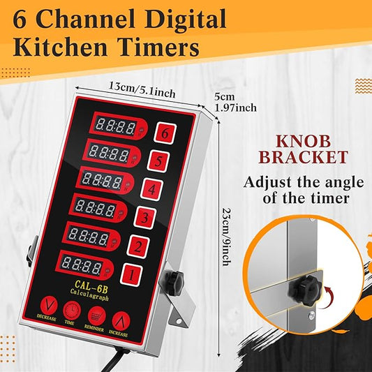1 Pack Commercial 6 Channel Digital Kitchen Timer, Multi-Countdown Timer with Loud Alarm & Large LCD Display, Wall Mount or Countertop for Restaurant, Fry Station, Baking & Lab Use