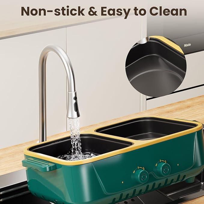 2-in-1 Electric Hot Pot and Grill Combo,1000W Dual Temper Control, Fast Heating - Indoor Cooking Appliance for BBQ, Steaks, Noodles & More - Suitable for Up to 4 People (Green T)