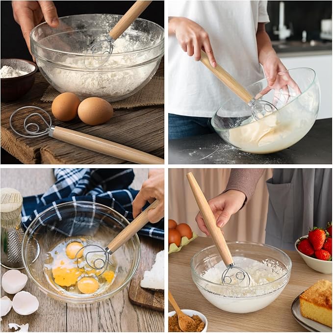 O'Creme Danish Dough Whisk - One Eye Stainless Steel Bread Mixer with Wooden Handle - Sourdough Whisk for Baking Dough, Pizza, Pastries - Food-Grade, Dishwasher Safe