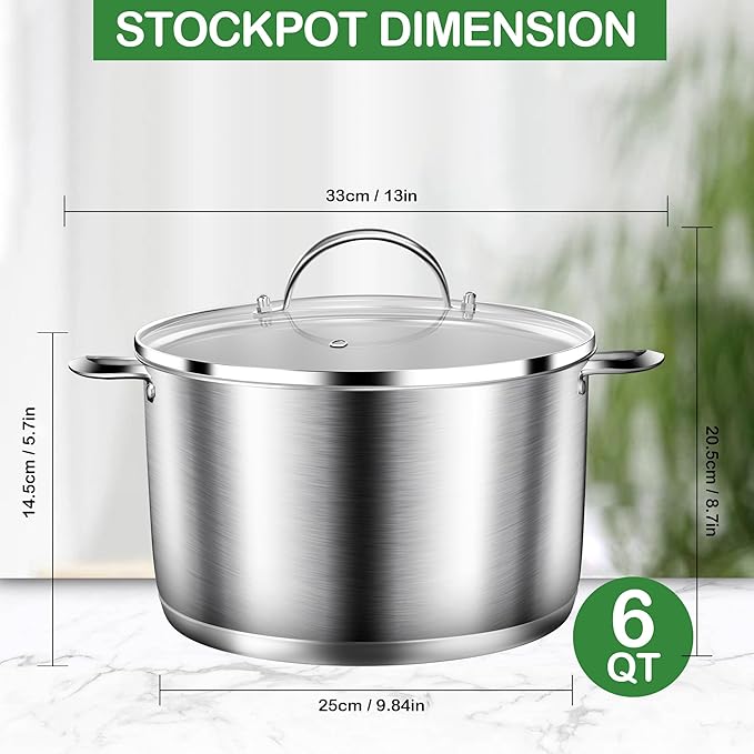 STOCKPOT Cooking Pot, Stainless Steel Stock Pot, Soup Pot with Glass Lid, Induction Pots - 6 Quart