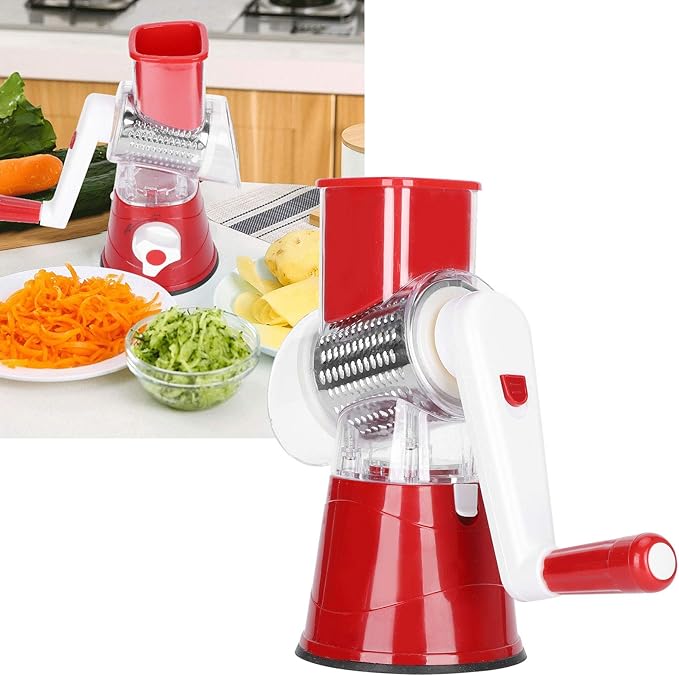 3-In-1 Rotary Cheese Grater Shredder Mandoline Slicer Vegetable Chopper with 3 Interchanging Stainless Steel Drums Blades(Red)