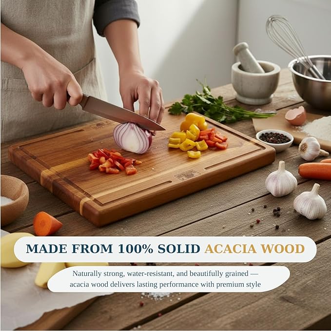 Bearchop Acacia Wood Cutting Board Set of 3 with Storage Stand, Reversible Wooden Cutting Boards for Kitchen with Deep Juice Grooves, Premium Wood Cutting Board Set for Prep, Serving & Gifting