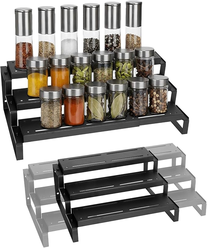3-Tier Spice Organizer, Expandable Width Spice Organizer for Cabinet, Seasoning Organizer Metal Display Shelf, Countertop Spice Rack for Cabinet, Pantry
