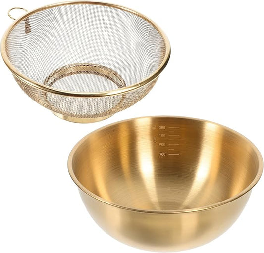 Stainless Steel Basin and Fine Mesh Rice Strainer Set 7.08In Kitchen Drainer for Washing Vegetables Fruits and Cooking Rice with Metal Colander Basket