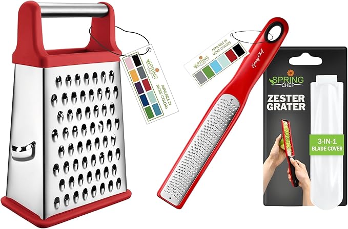Spring Chef Stainless Steel XL Box Grater & Premium Lemon Zester - 2 Product Bundle - Red
