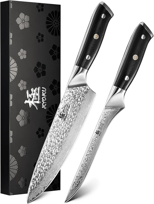 KYOKU Knife Set, Shogun Gin Series 2pc Japanese Style Kitchen Knife Set, 7" Boning 8" Chef Knife with Silver Ion Blade Sheath Gift Box, Sharp Damascus Stainless Steel Knives for Meat Vegetable