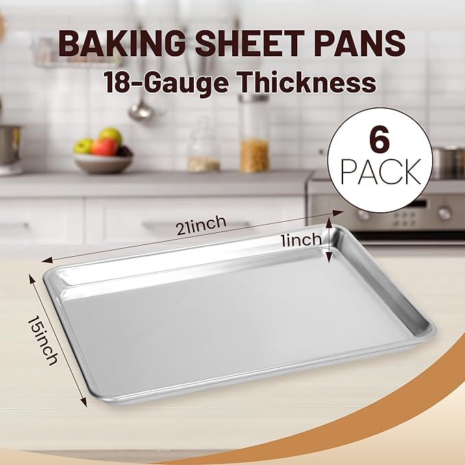 BIEAMA 6 Pack 15" × 21" Baking Sheet Pan Aluminum Commercial cookie sheets for baking