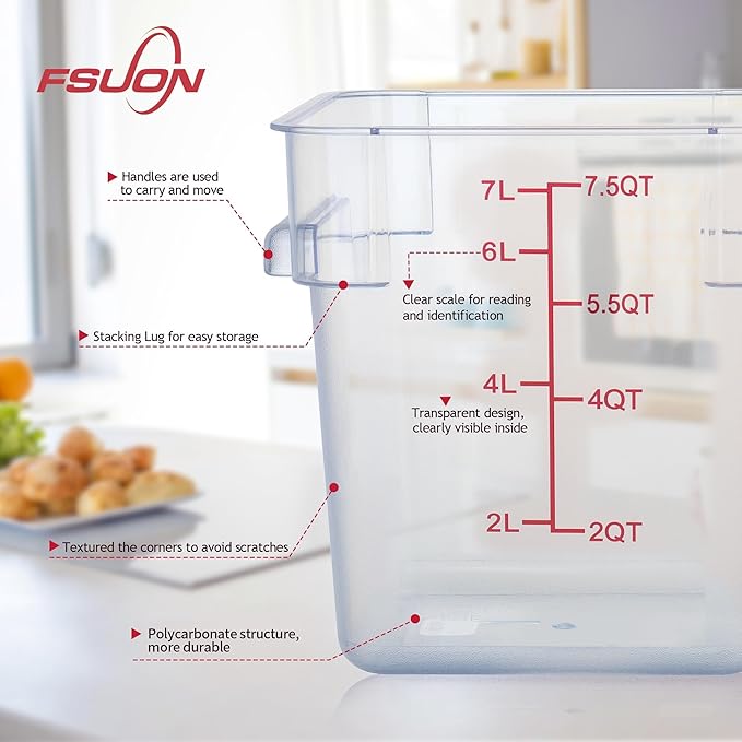 FSUON 4 Pack Clear Food Storage Containers with Lids and Handles Polycarbonate Square Commercial Food Containers, NSF (8Qt)