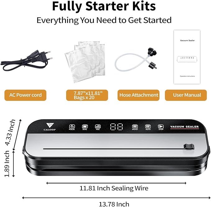 CALOOP Food Vacuum Sealer Machine with 20 Seal Bags, 80 Kpa Powerful Food Saver for Kitchen Storage, Dry/Moist Modes, Digital Countdown Timer, Compact Lightweight, Build-in Cutter