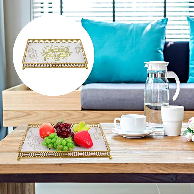 Golden Metal Eid Mubarak Dessert Tray - 11.02x7.87in Muslim Serving Plate for Home Party, Ramadan Decor, Snacks, Sweets, Nuts, and Cakes