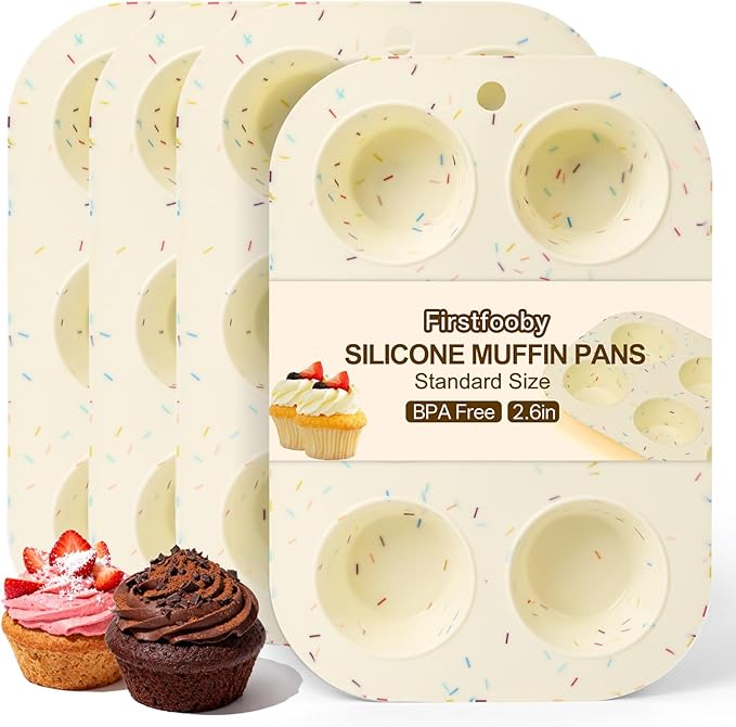 Firstfooby 4 Pack Silicone Muffin Pan for Baking, Regular Size Nonstick Cupcake Pan, 6-Cup Silicone Muffin Tin BPA Free Dishwasher Safe, Great for Muffin Cupcake Brownie Egg Tart
