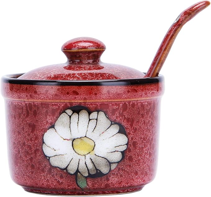 VanEnjoy Retro Hand Painted Flower Ceramic Round Sugar Bowls Spice Containers Porcelain Jar with Spoon Round Condiment