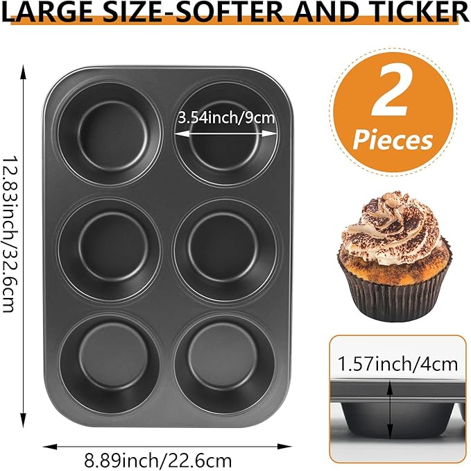 TAOUNOA Jumbo Muffin Pan 6 Cup Cupcake Tin Nonstick, 2PCS Durable Large Baking Pan for Big Muffins & Cupcakes, Easy Clean Carbon Steel Giant Muffin Tin for Oven Use, Parties