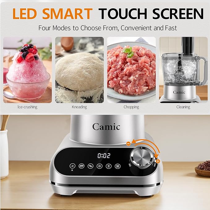 Camic Blender & Food Processor Combo,6 Functions for Smoothies,Chopping,Slicing,Shredding,Grinding,Dough,72-oz.Blender Pitche,64-oz. Processor Bowl,To-Go Cup,Grinder Cup (Silver-Upgraded Version)