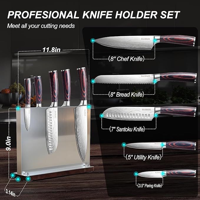 Kitchen Knife Set with Block - 6 Pcs Chef Knife Block Set, 5 Pcs High - Carbon Stainless Steel Razor - Sharp Knives with a Magnetic Knife Block Holder, Versatile and Professional Kitchen Knives Set
