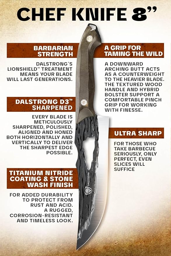 Dalstrong Chef Knife - 8 inch - Barbarian Series - Premium Swedish 14C28N High Carbon Stainless Steel - Black Brown Stabilized Wood Handle - Chef's Knife Kitchen - Sheath Included
